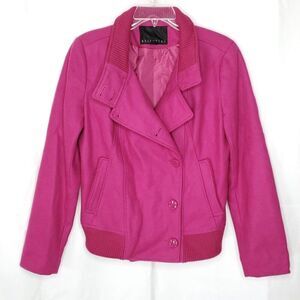 Y2K Womens Wool Bomber Jacket M Fuschia Magenta Pink Coat Retro Biker Moto